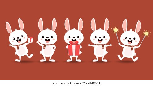 Happy Chinese new year greeting card with cute rabbit. Animal holidays cartoon character. Rabbit icon vector.