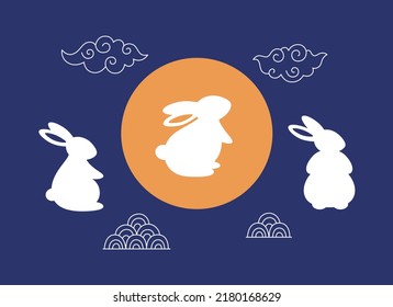 Happy Chinese New year greeting card 2023 with cute white rabbits. Year of the Rabbit. Mid autumn festival. Hand drawn vector illustration