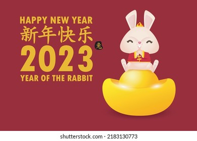 Happy Chinese new year greeting card 2023 cute little rabbit bunny, year of the rabbit zodiac, gong xi fa cai cartoon character isolated vector illustration, Translated Chinese new year