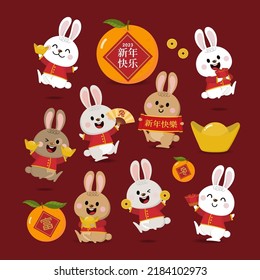 Happy Chinese new year greeting card 2023 and cute rabbit and oranges  money   gold  Animal holidays cartoon character set  Translate: rabbit  lucky  Happy new year 