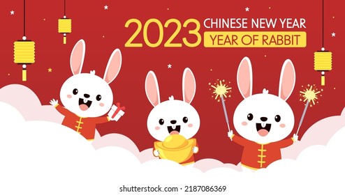 Happy Chinese new year greeting card 2023 with cute rabbit. Animal holidays cartoon character. Rabbit icon vector. Year of Rabiit.