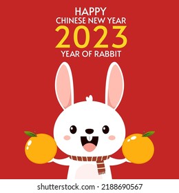 Happy Chinese new year greeting card 2023 with cute rabbit with oranges. Animal holidays cartoon character. Cute Rabbit on red background. Chinese New Year Mandarin Orange.