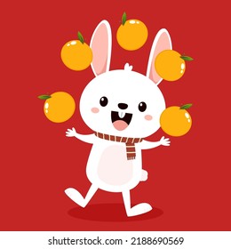 Happy Chinese new year greeting card 2023 with cute rabbit with oranges. Animal holidays cartoon character. Cute Rabbit on red background. Chinese New Year Mandarin Orange.
