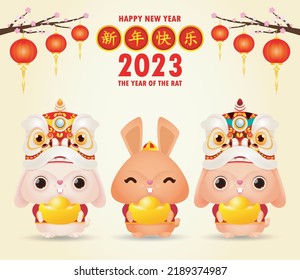 Happy Chinese new year greeting card 2023 cute rabbit with lion dance and chinese gold ingots, year of the rabbit zodiac, gong xi fa cai cartoon character isolated vector Translate Happy New Year