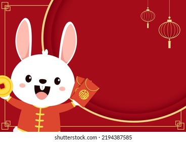 Happy Chinese new year greeting card 2023 with cute rabbit. Animal holidays cartoon character. Rabbit icon vector. Year of Rabiit.