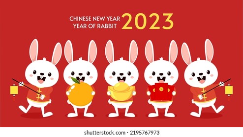 Happy Chinese new year greeting card 2023 with cute rabbit. Animal holidays cartoon character. Rabbit icon vector. Year of Rabiit.