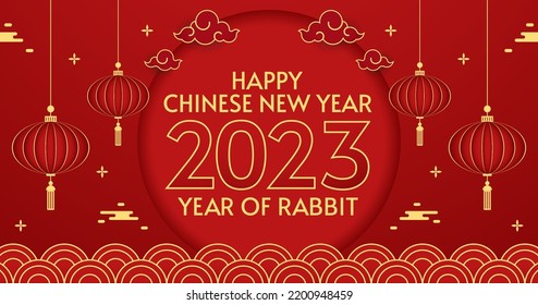 Happy Chinese new year greeting card 2023 with cute rabbit. Animal holidays cartoon character. Chinese new year 2023 banner. Template.