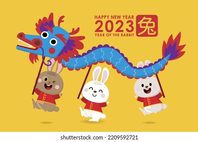 Happy Chinese new year greeting card 2023 with cute rabbit in red costume and dragon. Animal holidays cartoon character. Translate: rabbit. -Vector