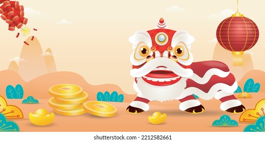 Happy Chinese new year greeting card with lion dance gong xi fa cai, Cartoon background vecor illustration, text happy new year