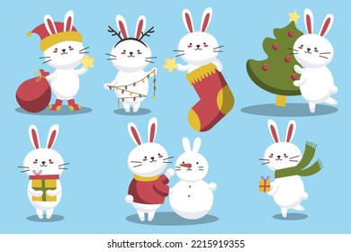 Happy Chinese New Year Greeting Card With Cute Rabbit With. Animal Holidays Cartoon Character. Happy New Year Bunny. Vector EPS