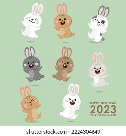 Happy Chinese new year greeting card 2023 with cute rabbits and bunny. Animal holidays cartoon character. -Vector