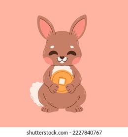Happy Chinese new year greeting card 2023 with cute rabbit with wealth gold money. 2023 CNY card. Vector