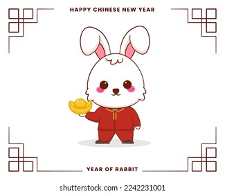 Happy Chinese new year greeting card 2023 with cute rabbit wearing traditional costume holding gold ingot.