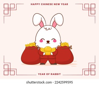 Happy Chinese new year greeting card 2023 with cute rabbit wearing traditional costume. Rabbit holding a bag of gold. Year of rabbit. 