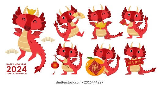 Feliz año nuevo chino tarjeta de saludo 2024 con lindo dragón rojo, naranja, dinero y oro. Caricatura zodiaca. Traducir: Feliz año nuevo, dragón. -Vector