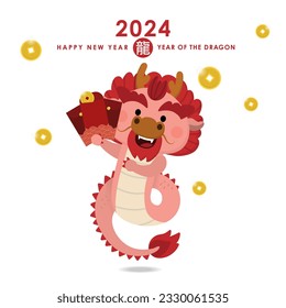 Happy Chinese new year greeting card 2024 with cute red dragon, money and gold. Zodiac cartoon character. Translate: dragon. -Vector