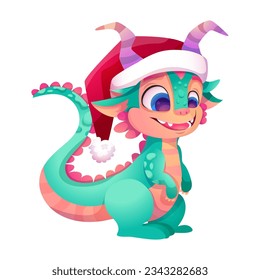 Happy Chinese new year greeting dragon 2024 with cute Santa Hat. Zodiac cartoon vector character isolated on white background 