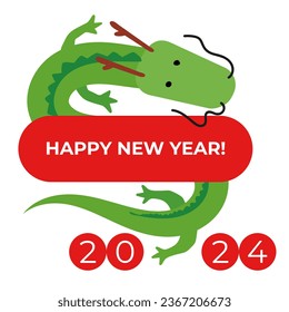 Happy Chinese new year greeting card 2024 with cute long green  dragon