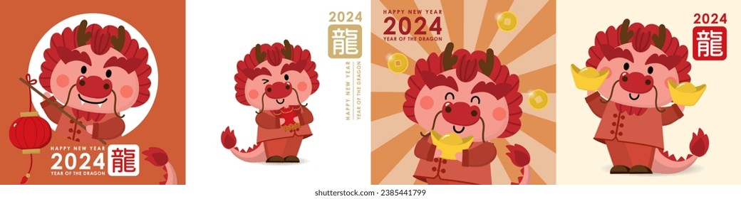 Feliz regalo chino de año nuevo 2024 con un tierno dragón, dinero y oro. Juego de personajes de caricatura de las festividades animales. Traducir: Dragón.