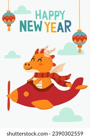 Happy Chinese New Year greeting card  with cute cartoon dragon on a plane. Holidays cartoon character. Vector illustration. 