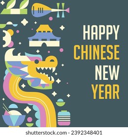 Happy Chinese New Year Greeting Card in Flat Style. Vector Illustration