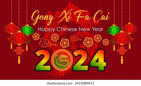 Happy Chinese New Year Greeting Card Gong Xi Fa Cai Means Good Fortune 2024 Year Of The Dragon With Decorative Chinese Lantern And Texture Background