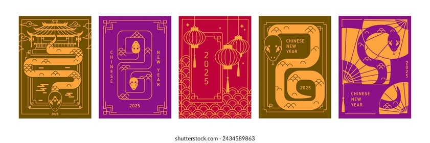 Happy Chinese New Year, greeting cards sets. 2025 postcards designs, oriental China poster layouts, Asian backgrounds with lunar animal symbol, mascots, line-art snake. Flat vector illustrations