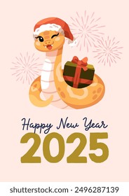 Happy Chinese New Year, greeting card design in cartoon kids style. Cute snake mascot, animal symbol for 2025. CNY poster, asian oriental postcard with funny comic viper. Flat vector illustration
