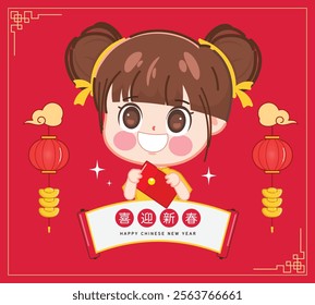 Happy chinese new year greeting cartoon character illustration Premium Vector. Cute girl in Traditional Costume with red envelopes.