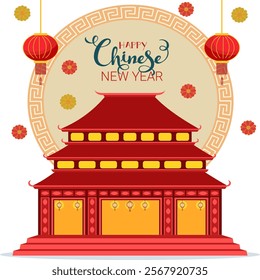 Happy Chinese New Year Greeting Card with Heaven Temple Illustration, Lanterns Hang and Flowers on White Background.