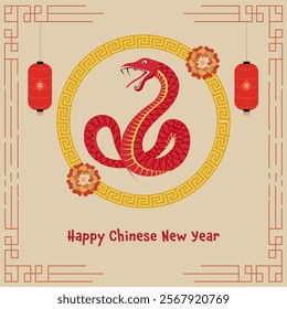 Happy Chinese New Year Greeting Card with Red Snake Circular Frame, Flowers and Lanterns Hang on Beige Background.