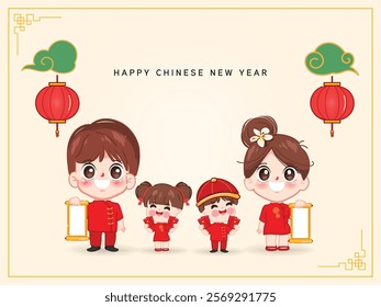 Happy chinese new year greeting cartoon character illustration Premium Vector.