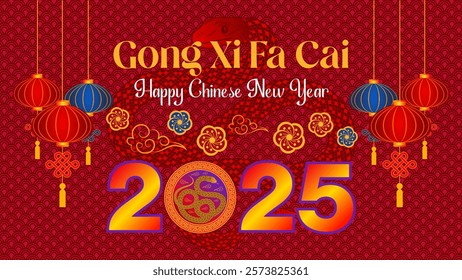 Happy Chinese New Year Greeting Card Gong Xi Fa Cai Means Good Fortune 2025 Year Of The Snake With Decorative Chinese Lantern And Texture Background