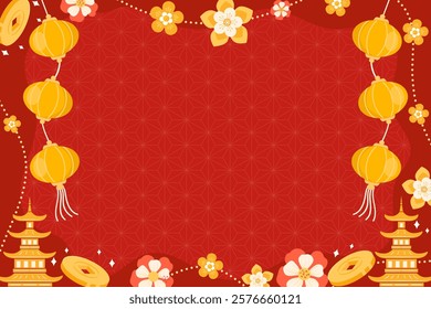 Happy Chinese New Year, Greeting Card Vector on Vibrant Fun Colorful Background. Lunar New Year Calendar with  Yellow Lantern, Gold Coin, Flower and  Asian Temple Ornament