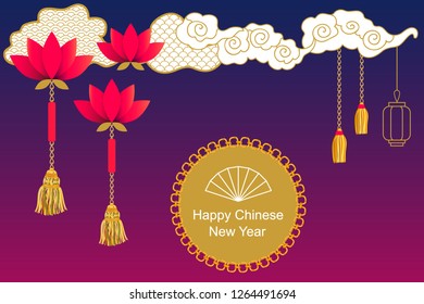 	
Happy Chinese New Year greetingcard. Clouds, flowers and oriental decorative elements Template for banners, posters, calendars. On dark background.
