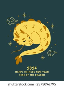 Feliz tarjeta de saludos del año nuevo chino. Año del dragón 2024. Un dragón lindo durmiendo. Ilustración vectorial.