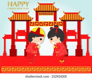 Happy Chinese New Year Greetings card,Happy children on China town background,Vector illustration