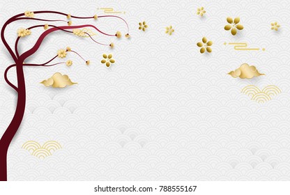 Happy Chinese new year greetings with spring blooming branches elements, and  asian pattern background