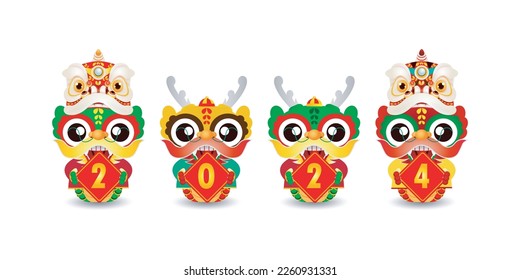 Happy Chinese new year with group small dragon holding sign 2024 , gong xi fa cai, the year of the dragon zodiac, Capricorn calendar, set of cute Cartoon isolierte weiße Hintergrund Vektorgrafik