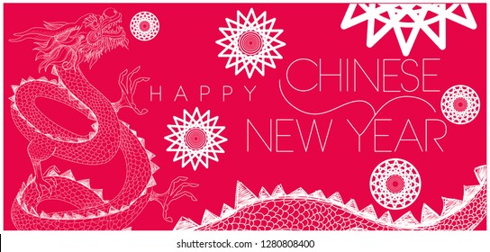 Happy Chinese New Year - hand drawn calligraphy with chinese dragons on red background. Flat vector illustration for seasonal design and decoration, greetings, invitations, cards, prints, posters, web