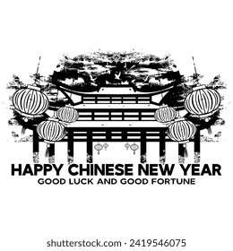 happy chinese new year hand draw pagoda lantern black and white good luck good fortune vector illustration