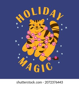 Happy Chinese new year holiday magic greeting card 2022 with a cute tiger in garland lights. Animal holidays cartoon character vector postcard