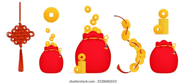 Happy Chinese New Year holiday symbols, Spring Festival celebration collection. Red lantern, firecracker, red envelope, fortune coins, gold ingot, mandarin