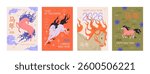 Happy Chinese New Year of Horse, 2026 greeting cards set. Festive lunar holiday postcard designs with eastern oriental zodiac symbol. Asian posters with animal mascot. Flat vector illustrations