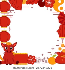 Happy Chinese new year of horse. Square vector frame with red lanterns, orang, chinese elements and horse.  Greeting card. China frame with lantern on transparent background.
