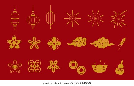 Happy Chinese New Year Icons vector set. Lanterns, firework, pattern, cloud, coin, flower isolated icons of Asian Lunar New Year holiday decoration vector.