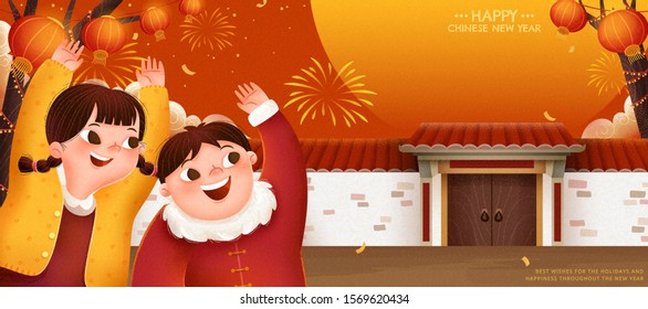 Happy Chinese new year illustration banner with two cute children raising their hands up in front of chinese countryside architecture, giant sun on red background