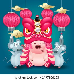 happy chinese new year. With illustrations of lion dancers along with shades of typical Chinese flowers.