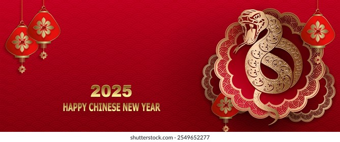 Happy Chinese New Year. Isolated golden glitter snake in round figured frame.