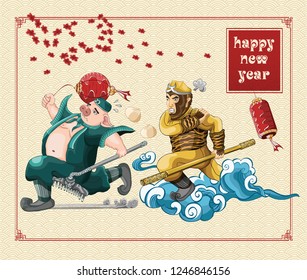 Happy chinese new year with journey to the west illustration on background new year, year of the pig, wukong run and angry